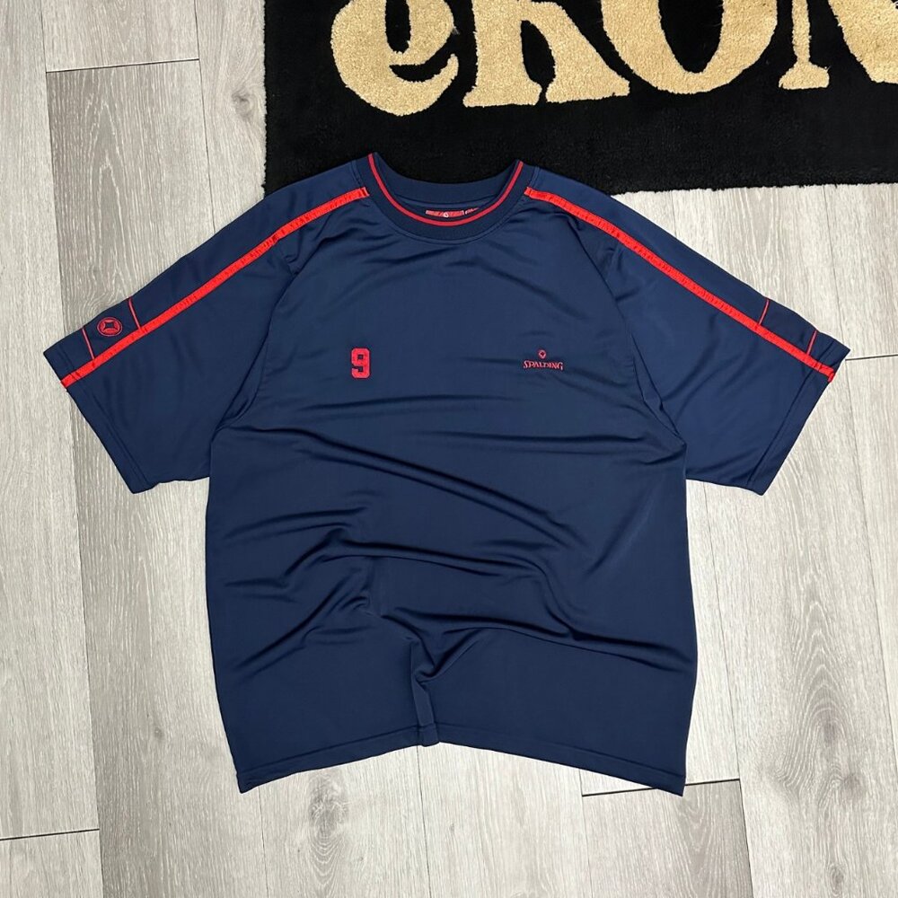 Vintage Spalding #9 Men's Navy Blue/Red Athletic Jersey T-Shirt - Size Large